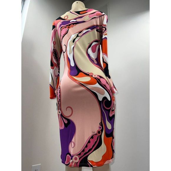EMILIO PUCCI Pink Abstract Print Long Sleeve Knee Length Jersey Dress Size 10 - Picture 7 of 10